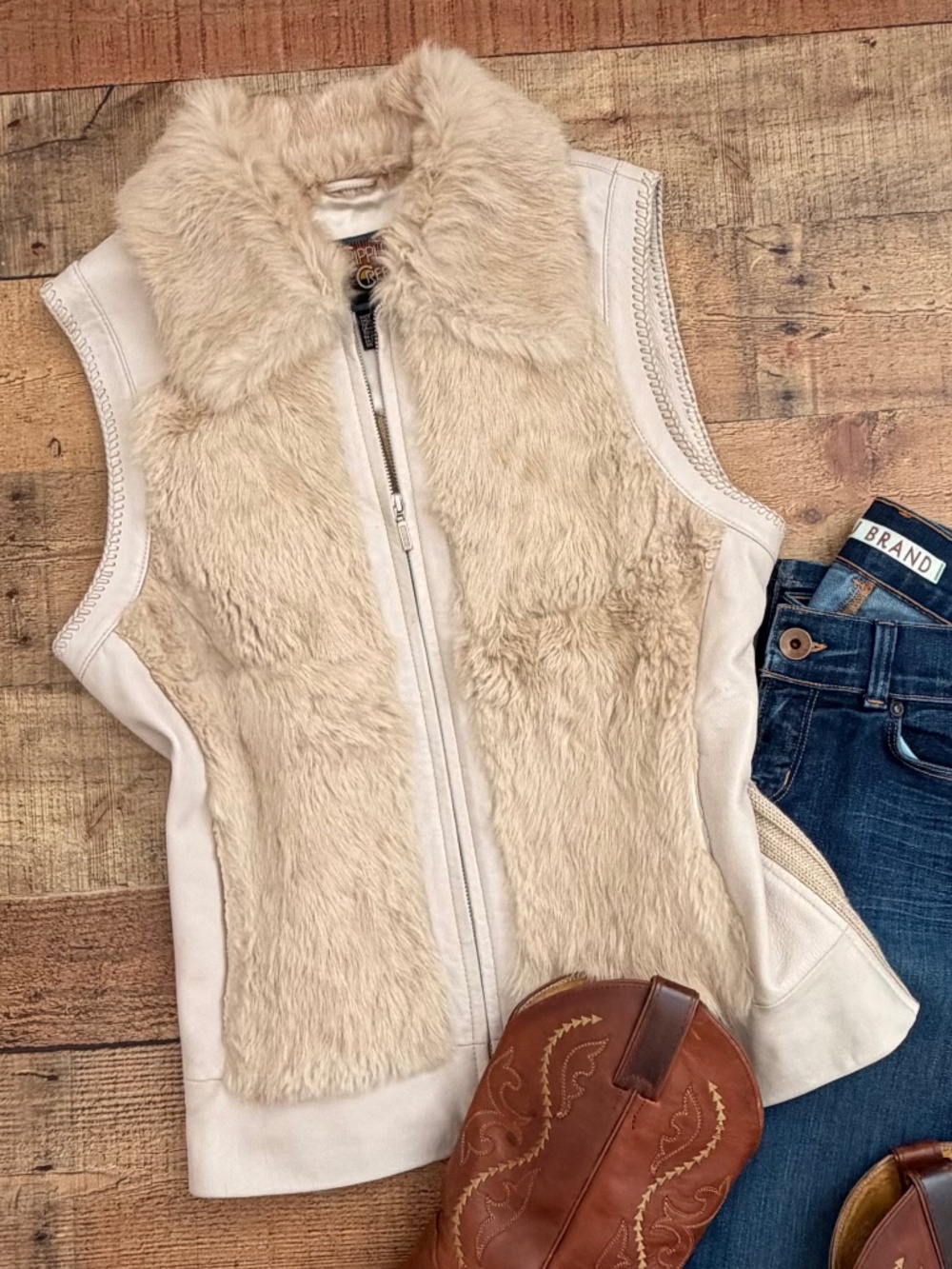 VEST Leather Fur Cripple Creek Sweater Fur Accent, Crystals on Upper Back
